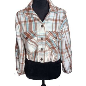 No Comment NY*LA Women's Size Small White, Blue & Brown Cropped Jacket